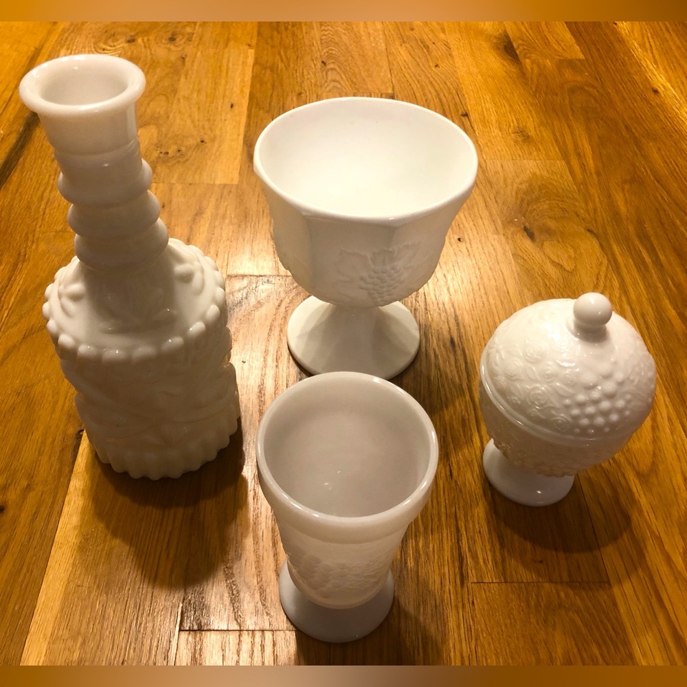 Milk Glass: Vases, Pedestal Planter, Candy Dish set of 4